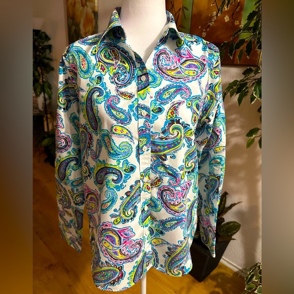 Kim Rogers teal/green paisley button down shirt women’s size M